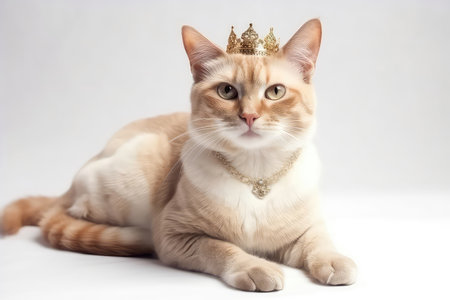Beautiful Cat In Gold Crown On White Backgroundの素材