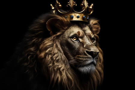Beautiful Lion In Gold Crown On Matte Black Backgroundの素材
