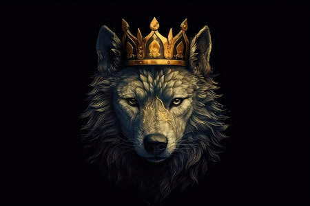 Beautiful Wolf In Gold Crown On Matte Black Backgroundの素材