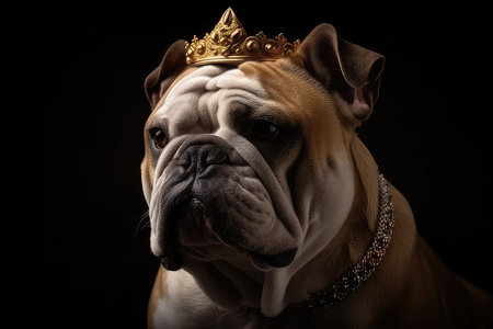 Beautiful Bulldog Dog In Gold Crown On Matte Black Backgroundの素材
