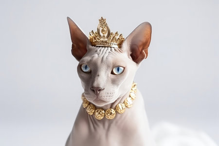 Beautiful Sphynx Cat In Gold Crown On White Backgroundの素材