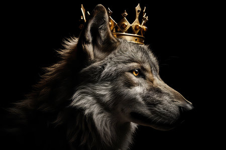 Beautiful Wolf In Gold Crown On Matte Black Backgroundの素材