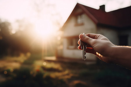 Hand Holds Keychain With Keychain Shaped Like House In Background Of Spaceの素材