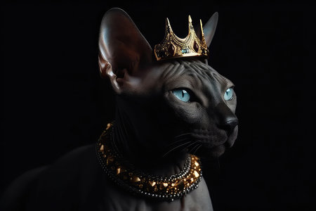 Beautiful Sphynx Cat In Gold Crown On Matte Black Backgroundの素材