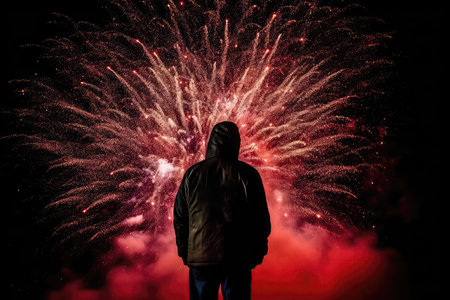 A Human Figure Against A Background Of Red Fireworksの素材