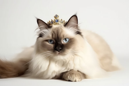 Beautiful Ragdoll Cat In Gold Crown On White Backgroundの素材