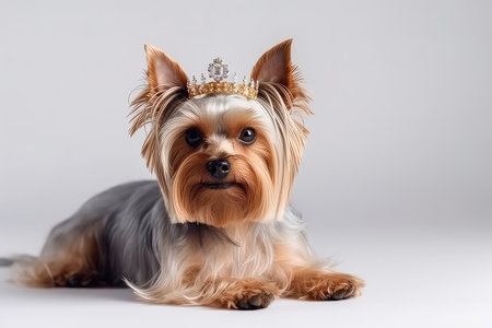 Beautiful Yorkshire Terrier Dog In Gold Crown On White Backgroundの素材