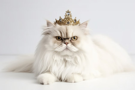 Beautiful Persian Cat In Gold Crown On White Backgroundの素材