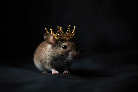 Beautiful Mouse In Gold Crown On Matte Black Backgroundの素材
