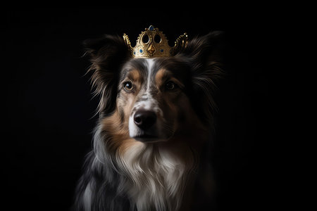 Beautiful Dog With Gold Crown On Matte Black Backgroundの素材