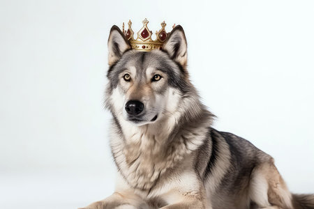 Beautiful Wolf In Gold Crown On White Backgroundの素材