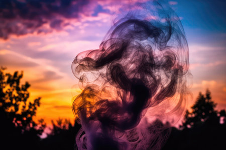 Spiraling Smoke Twirls Elegantly Against Vibrant Sunset Backdropの素材
