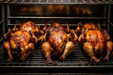 Several Chickens, Cooked On Metal Rack In Ovenの素材