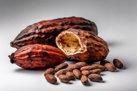 Cocoa Beans With Cocoa Pod, On White Backgroundの素材