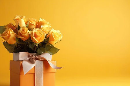 Beautiful Bouquet Of Roses In Vase With Gift Box, Empty Space, On Yellow Backgroundの素材