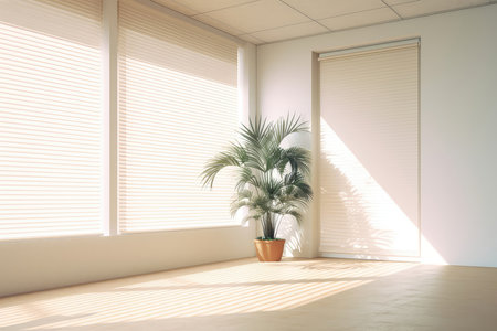 Empty White Room With Window Shades, Flowers, And Palm Leavesの素材