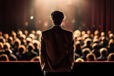 Young Person Speaker Stands On Stage And Looks Out At The Audience, Rear Viewの素材
