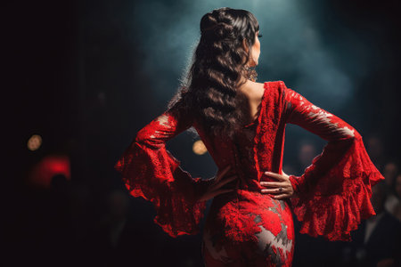 Flamenco Dancer In Beautiful Clothes Stands On Stage And Looks Out At The Audience, Rear Viewの素材