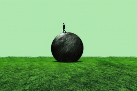A Dark Ball Of Grass On A Green Background With A Man Walking On Top. The Concept Of Our Planetの素材