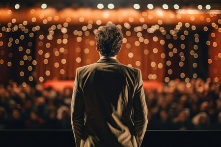 Comedian In Beautiful Clothes Stands On Stage And Looks Out At The Audience, Rear Viewの素材
