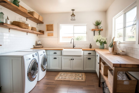 Farmhousestyle Laundry Room With Farmhouse Sink And Rustic Shelving Modern Farmhouse Interior Designの素材