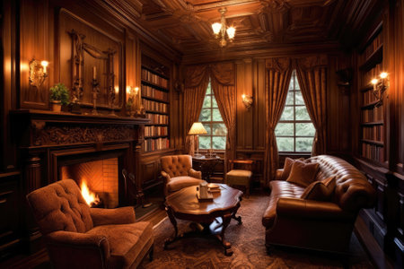 Cozy Library With Rich Wood Paneling And Fireplace Traditional Interior Designの素材