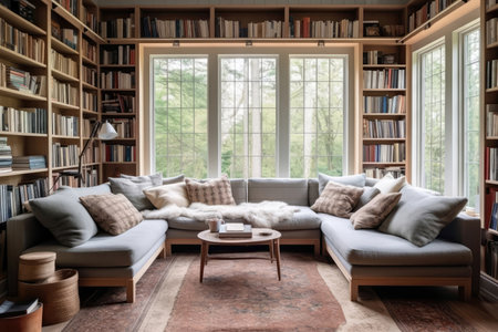 Modern Farmhouse Library With Builtin Bookshelves And Cozy Seating Modern Farmhouse Interior Designの素材