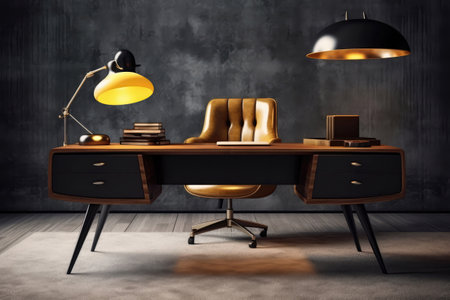 Midcentury Modern Office With Sleek Desk And Iconic Desk Lamp Midcentury Modern Interior Designの素材