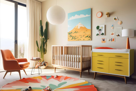 Midcentury Modern Nursery With Vintageinspired Crib And Playful Decor Midcentury Modern Interior Designの素材