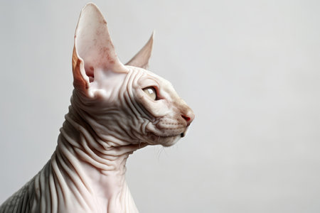Portrait Of Cat Cornish Rex In Profile On Gray Background. empty spaceの素材