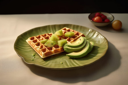 Avocado Wedge Is Shown On The Plate Beside Wafflesの素材