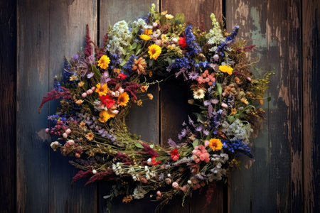 Wreath Of Vibrant Wildflowers Adorning Rustic Wooden Doorの素材