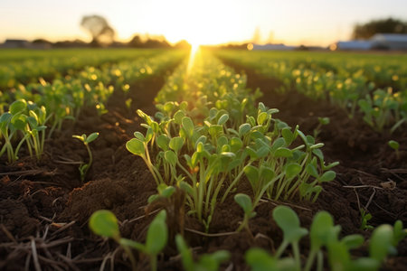 Field Filled With The Promise Of Future Harvest Of Spicy Arugula Sproutsの素材
