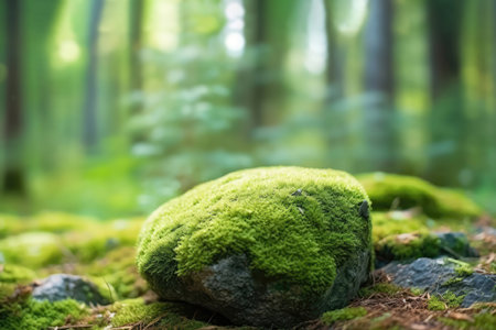 Mock Up For A Cosmetic Or Food Product. Closeup Of Rock On Mosscovered Forest Floor Against Backdrop Of Unfocused Trees.の素材