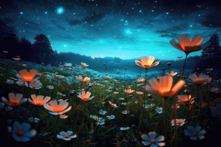 Beautiful Flowers In The Field At Night Against The Background Of The Month. earth dayの素材