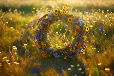 Sunlit Field Flowers Forming Whimsical And Carefree Wreathの素材