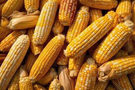 Sunkissed Corn Cobs Neatly Aligned In Farmers Marketの素材