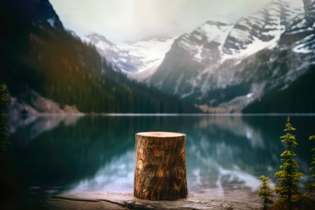 Tree Trunk Podium Against Backdrop Of Defocused Snowcapped Peaks And Serene Lake. Empty Display Case For A Cosmetic Or Food Productの素材