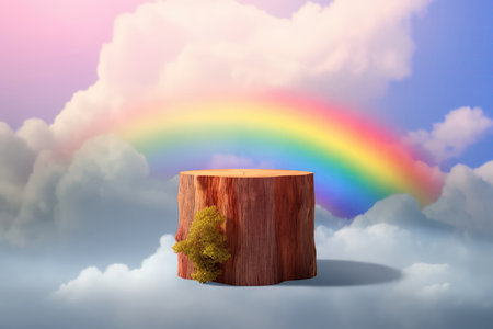 Tree Trunk Podium Against Backdrop Of Defocused Cloudy Sky And Rainbow. Mock-Up For A Cosmetic Or Food Productの素材
