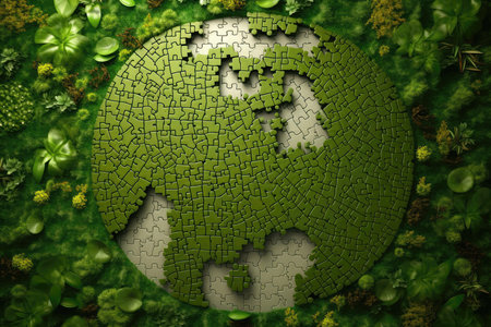 Earthshaped Puzzle Pieces Coming Together To Form Green Planetの素材