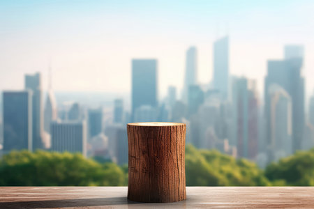 Tree Trunk Podium Against Backdrop Of Defocused Cityscape With Tall Buildings. An Empty Display Case For Cosmetic Or Food Productの素材