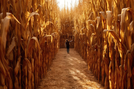 Rows Of Tall Cornstalks Forming Natural Maze For Adventureの素材