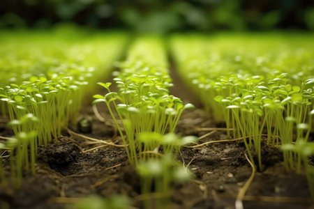 Rows Of Sprouted Sprouts Growing Uniformly In Perfect Alignmentの素材