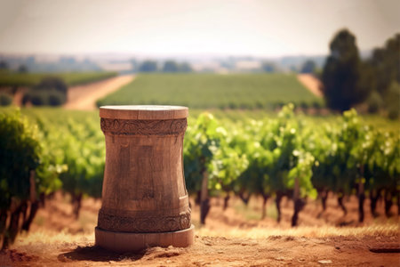 Tree Trunk Podium Against Background Of Unfocused Vineyard With Rows Of Grapevines. Mock Up For A Cosmetic Or Food Productの素材