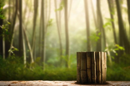 Tree Trunk Podium Against Backdrop Of Defocused Serene Bamboo Forest. Mock Up For A Cosmetic Or Food Productの素材