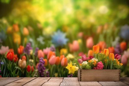 Wooden Podium Tabletop Blurs The Colorful Spring Flowers And Garden Backdrop. Mock Up For A Cosmetic Or Food Productの素材