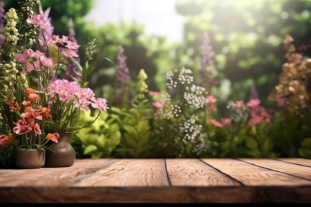 Wooden Podium Tabletop Blurs The Tranquil Garden With Blooming Flowers Backdrop, Empty Display Case For A Cosmetic Or Food Product.の素材