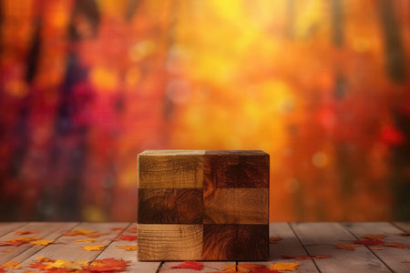 Wooden Podium Tabletop Blurs The Colorful Autumn Foliage Backdrop. Mock Up For A Cosmetic Or Food Productの素材