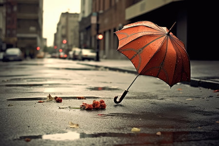 Broken Umbrella Discarded On Deserted, Rainy Streetの素材