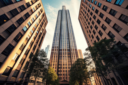 Towering Skyscraper Captured From Street Corner, Showcasing Linear Perspectiveの素材